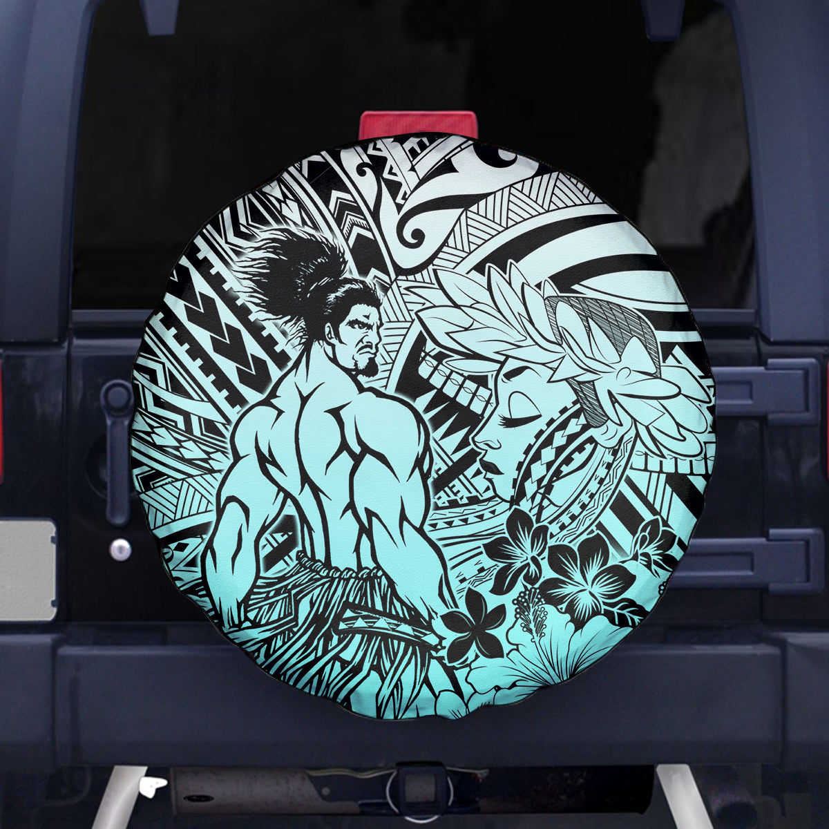 Beauty and The Warrior Polynesian Valentine Spare Tire Cover Hibiscus FLowers Turquoise Style LT9 Turquoise - Polynesian Pride