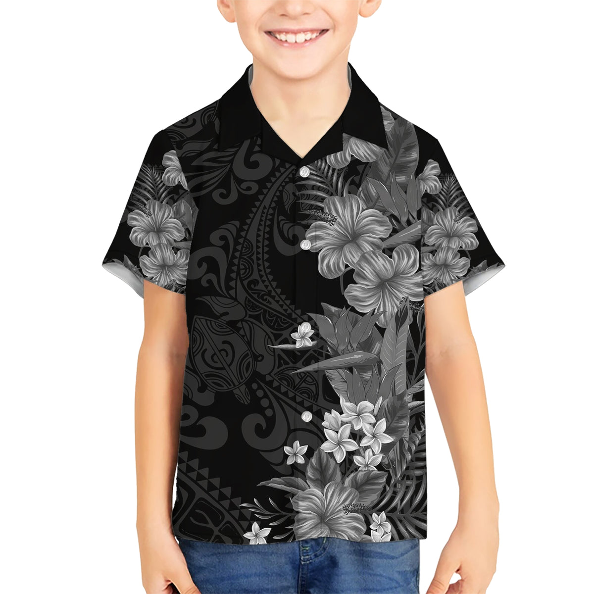 Hawaii Tropical Flowers Tribal Pattern Kid Hawaiian Shirt Black Style LT9 Kid Black - Polynesian Pride