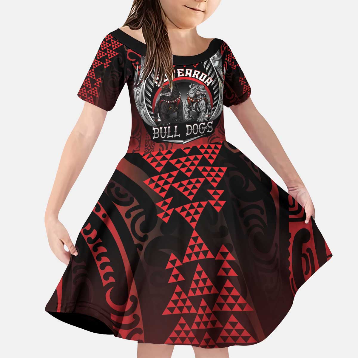 Aotearoa Bulldog Personalised Kid Short Sleeve Dress Maori Kowhaiwhai Motif LT9 KID Red - Polynesian Pride