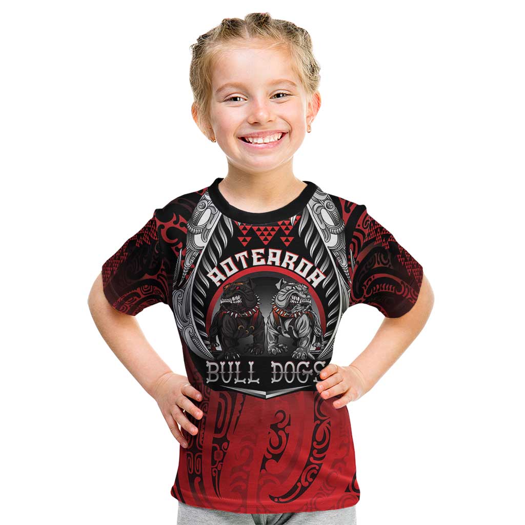 Aotearoa Bulldog Personalised Kid T Shirt Maori Kowhaiwhai Motif LT9 Red - Polynesian Pride
