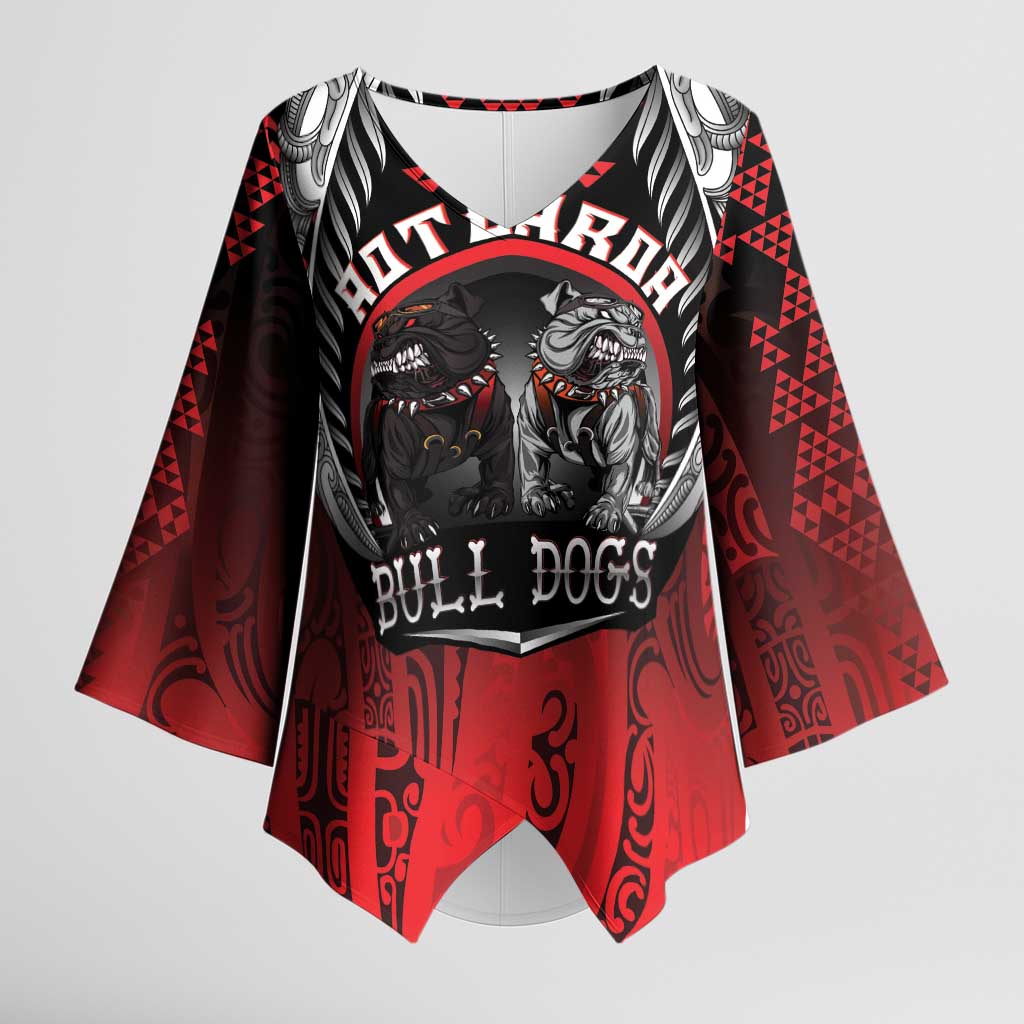 Aotearoa Bulldog Personalised Kimono Sleeve Blouse Maori Kowhaiwhai Motif LT9 Female Red - Polynesian Pride