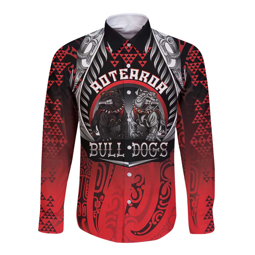 Aotearoa Bulldog Personalised Long Sleeve Button Shirt Maori Kowhaiwhai Motif LT9 Unisex Red - Polynesian Pride