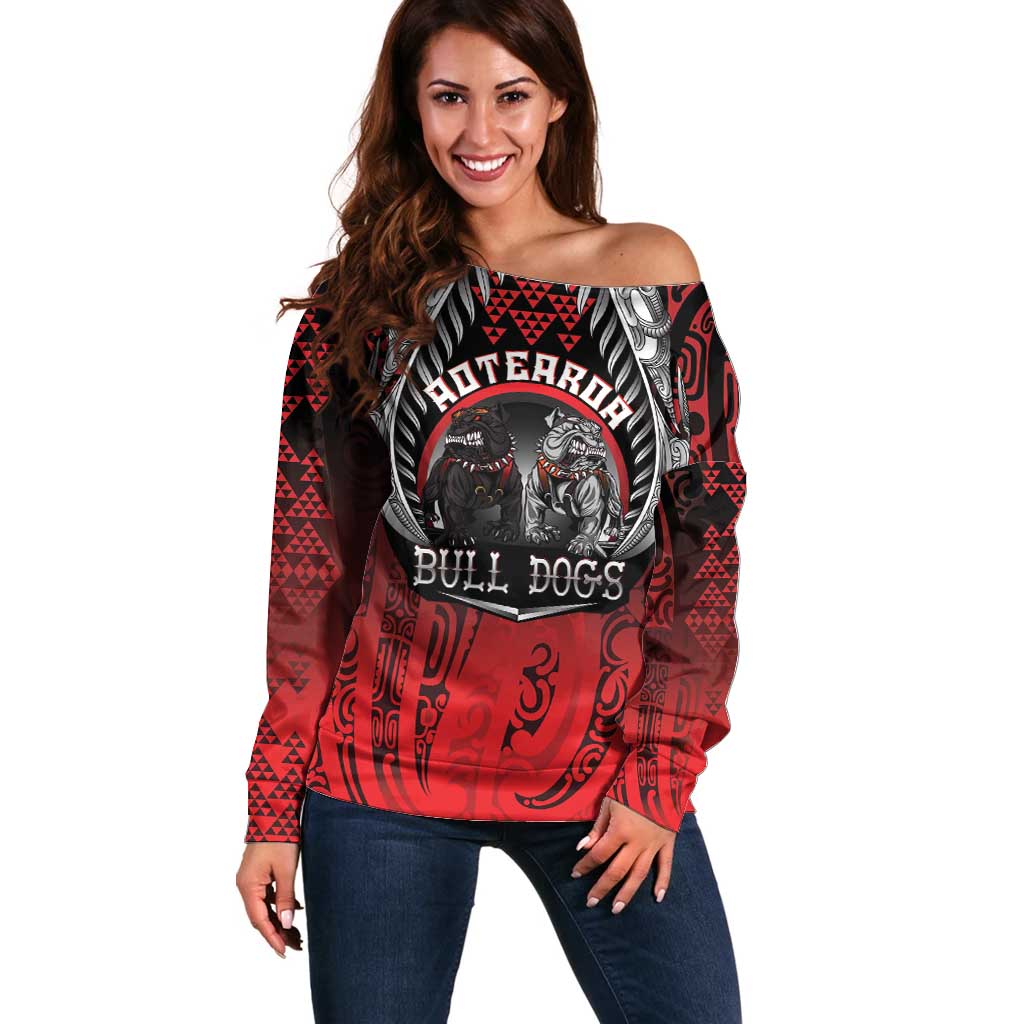 Aotearoa Bulldog Personalised Off Shoulder Sweater Maori Kowhaiwhai Motif LT9 Women Red - Polynesian Pride