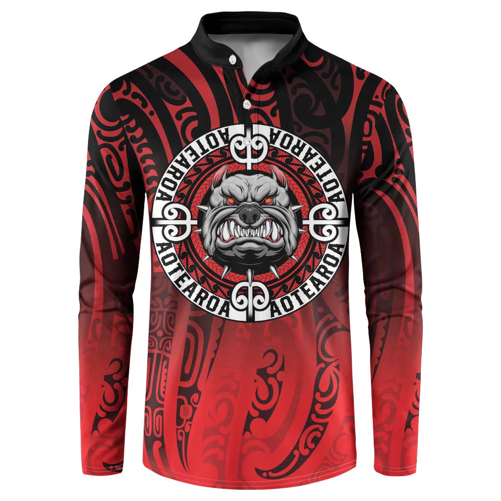 Aotearoa Bulldog Button Sweatshirt New Zealand Kowhaiwhai Tribal LT9 Red - Polynesian Pride