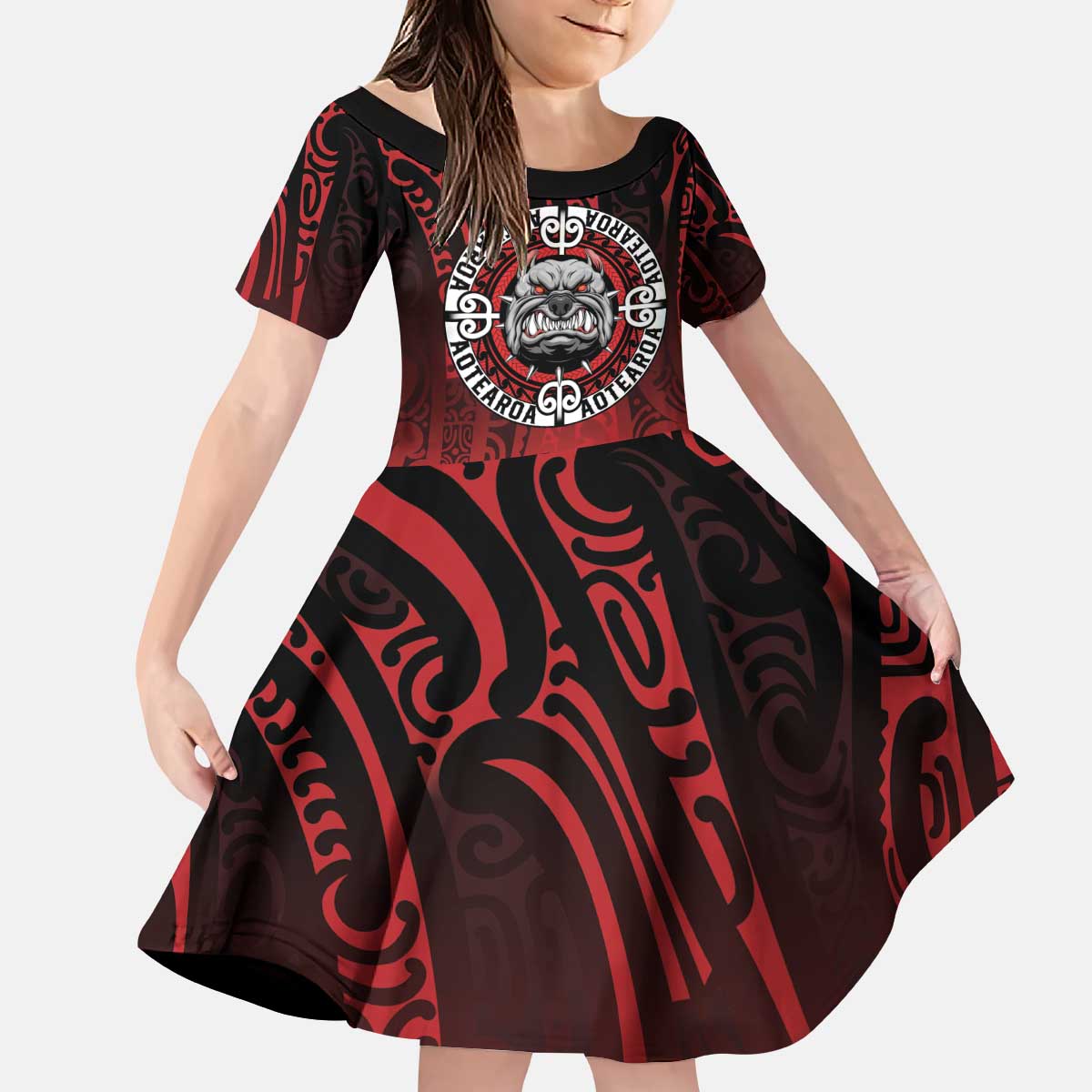 Aotearoa Bulldog Kid Short Sleeve Dress New Zealand Kowhaiwhai Tribal LT9 KID Red - Polynesian Pride