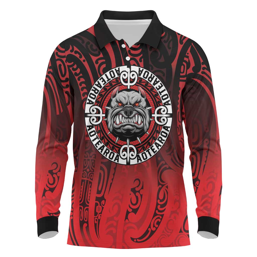 Aotearoa Bulldog Long Sleeve Polo Shirt New Zealand Kowhaiwhai Tribal LT9 Red - Polynesian Pride