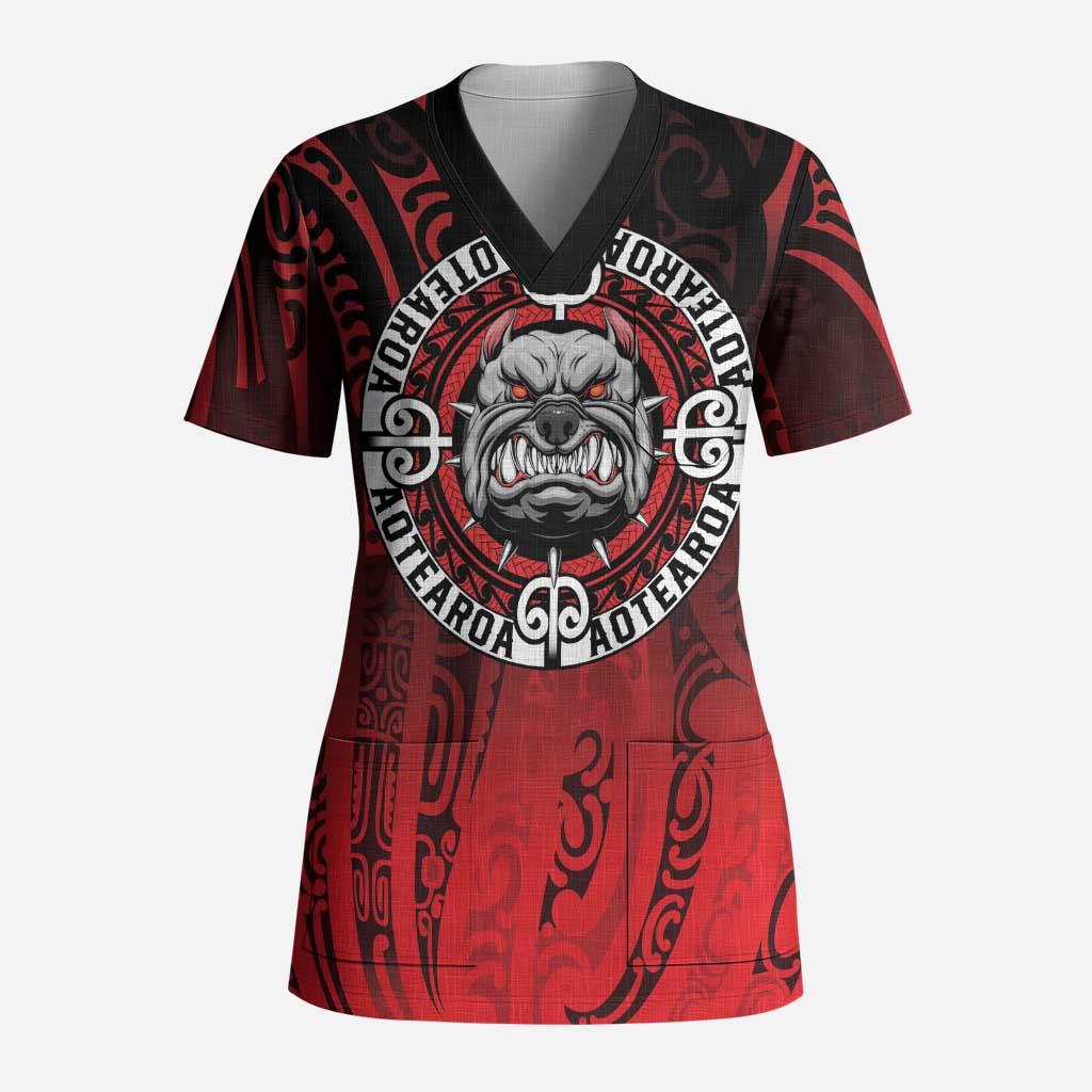 Aotearoa Bulldog Scrub Top New Zealand Kowhaiwhai Tribal LT9 Adult Red - Polynesian Pride