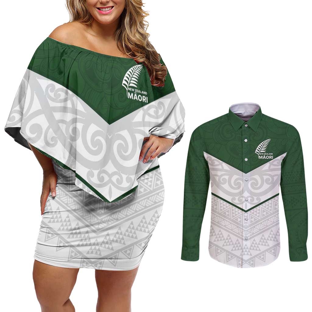 Custom New Zealand Maori Niho Taniwha Couples Matching Off Shoulder Short Dress and Long Sleeve Button Shirt