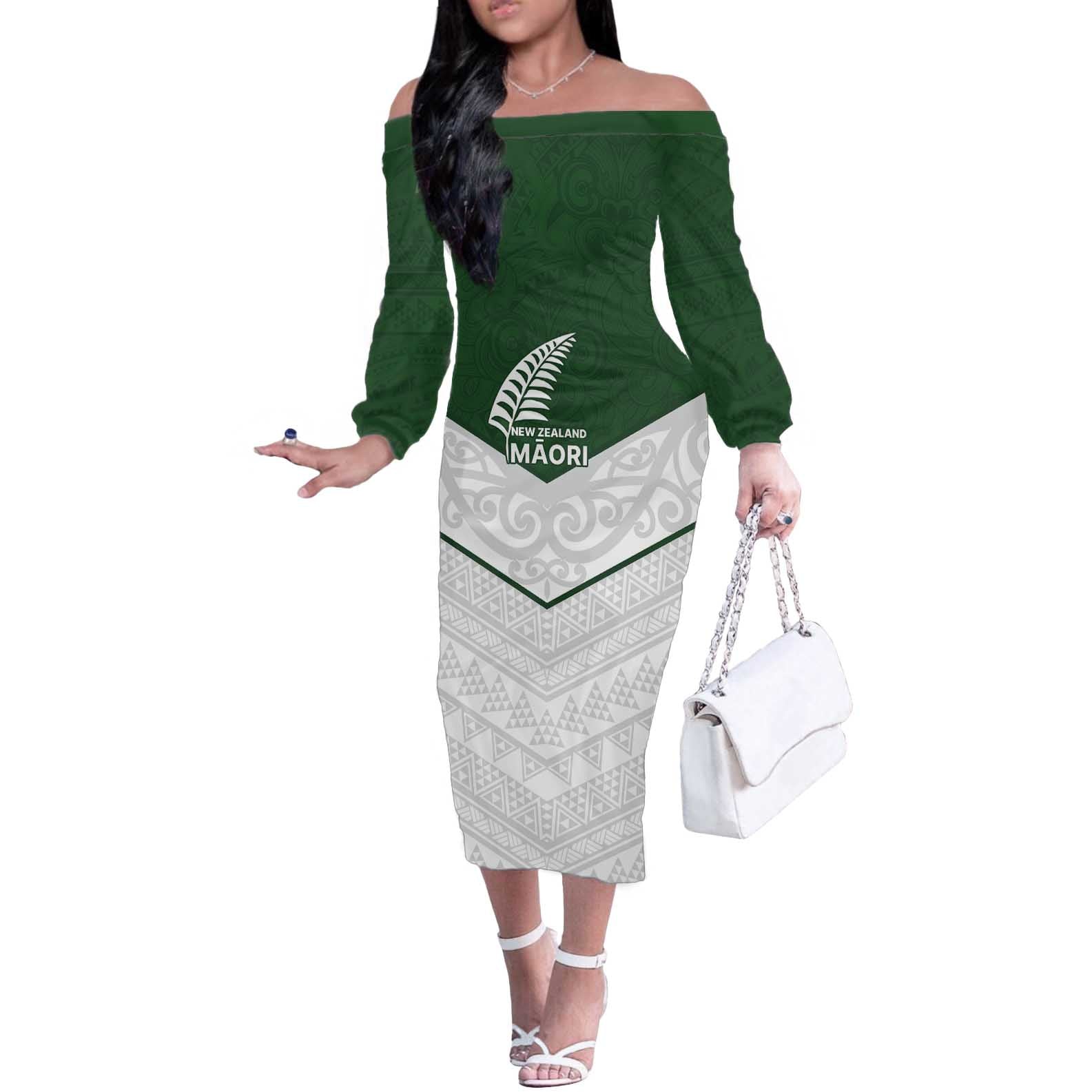 Custom New Zealand Maori Niho Taniwha Off The Shoulder Long Sleeve Dress