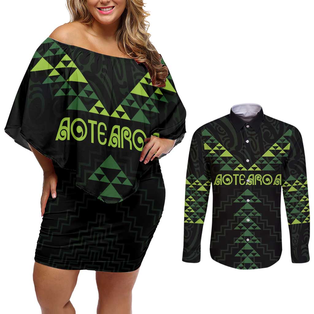 Custom New Zealand Maori Koru Koiri Motif Couples Matching Off Shoulder Short Dress and Long Sleeve Button Shirt