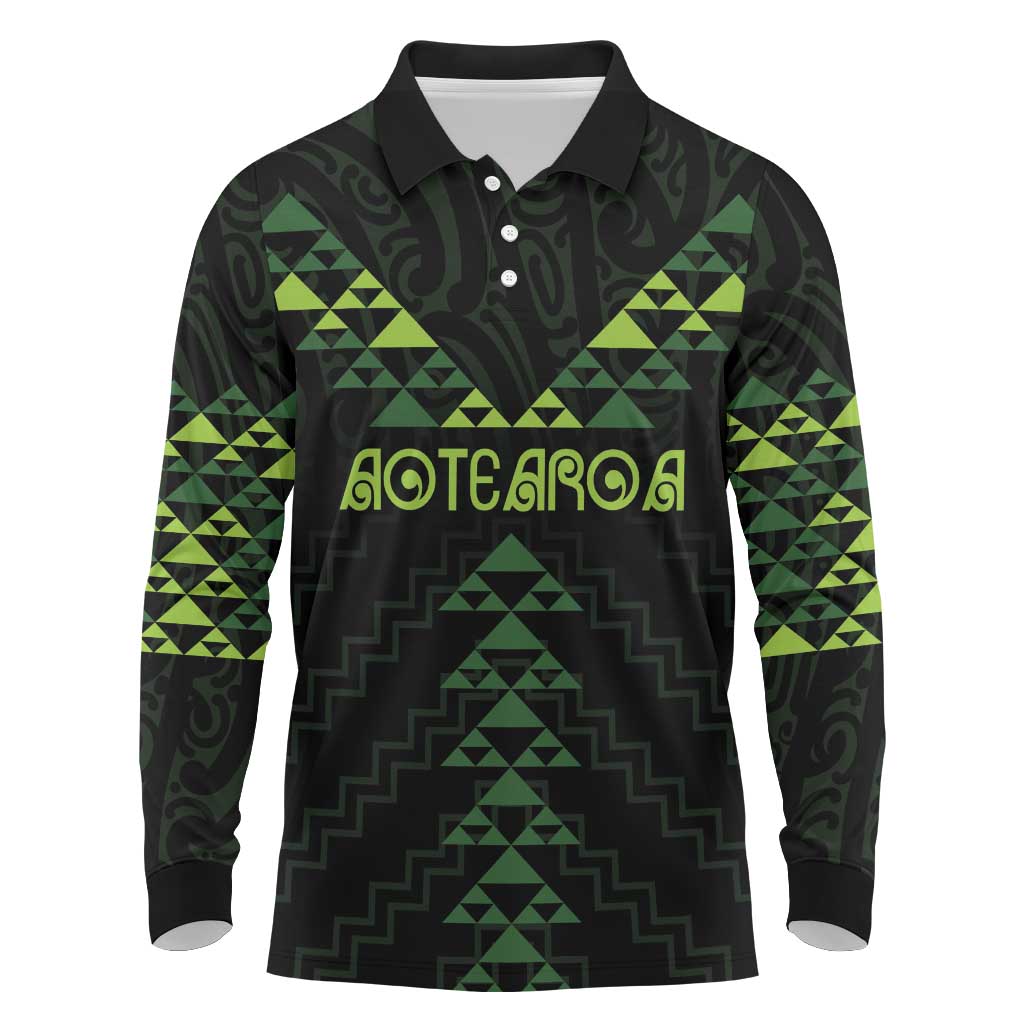 Custom New Zealand Maori Koru Koiri Motif Long Sleeve Polo Shirt LT9 Green - Polynesian Pride