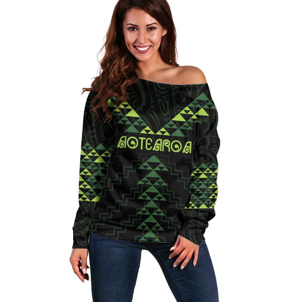 Custom New Zealand Maori Koru Koiri Motif Off Shoulder Sweater LT9 Women Green - Polynesian Pride