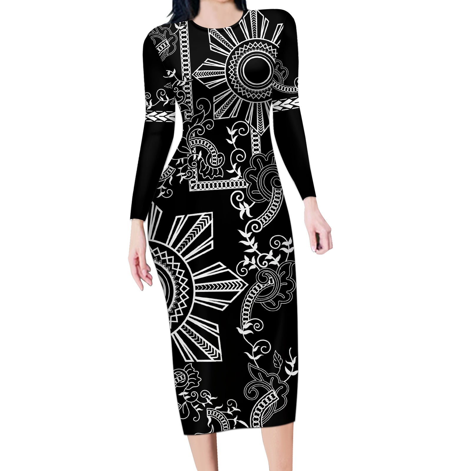 Filipino Sun Tribal Tattoo Long Sleeve Bodycon Dress Philippines Inspired Barong Simple Black LT9 Long Dress Black - Polynesian Pride