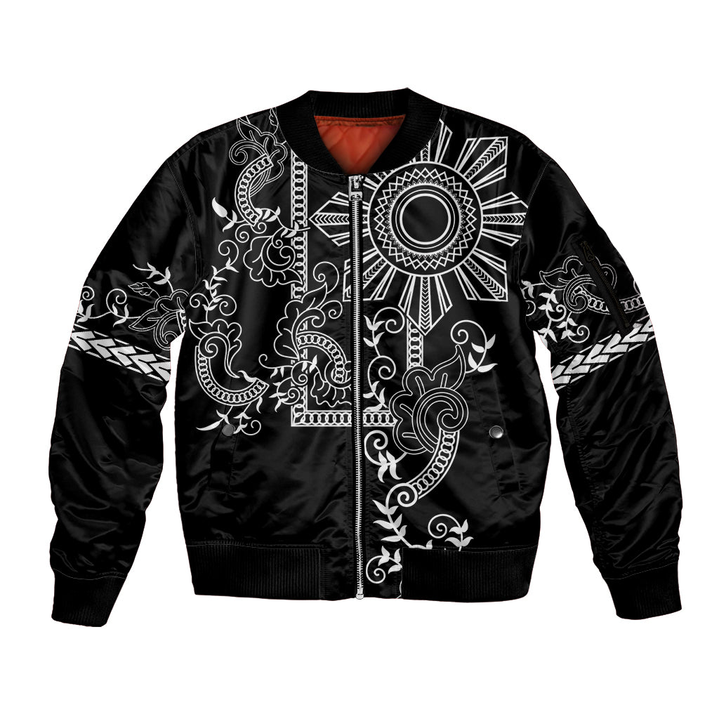 Filipino Sun Tribal Tattoo Sleeve Zip Bomber Jacket Philippines Inspired Barong Simple Black LT9 Unisex Black - Polynesian Pride