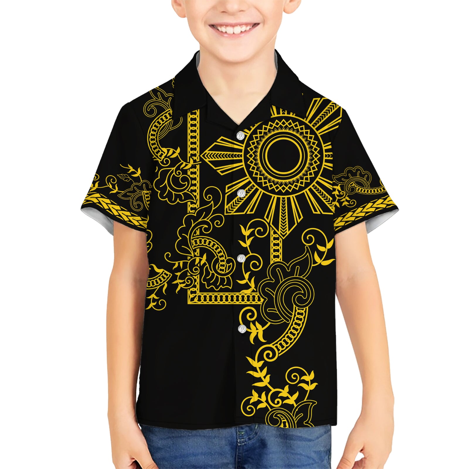 Filipino Sun Tribal Tattoo Kid Hawaiian Shirt Philippines Inspired Barong Simple Gold LT9 Kid Gold - Polynesian Pride