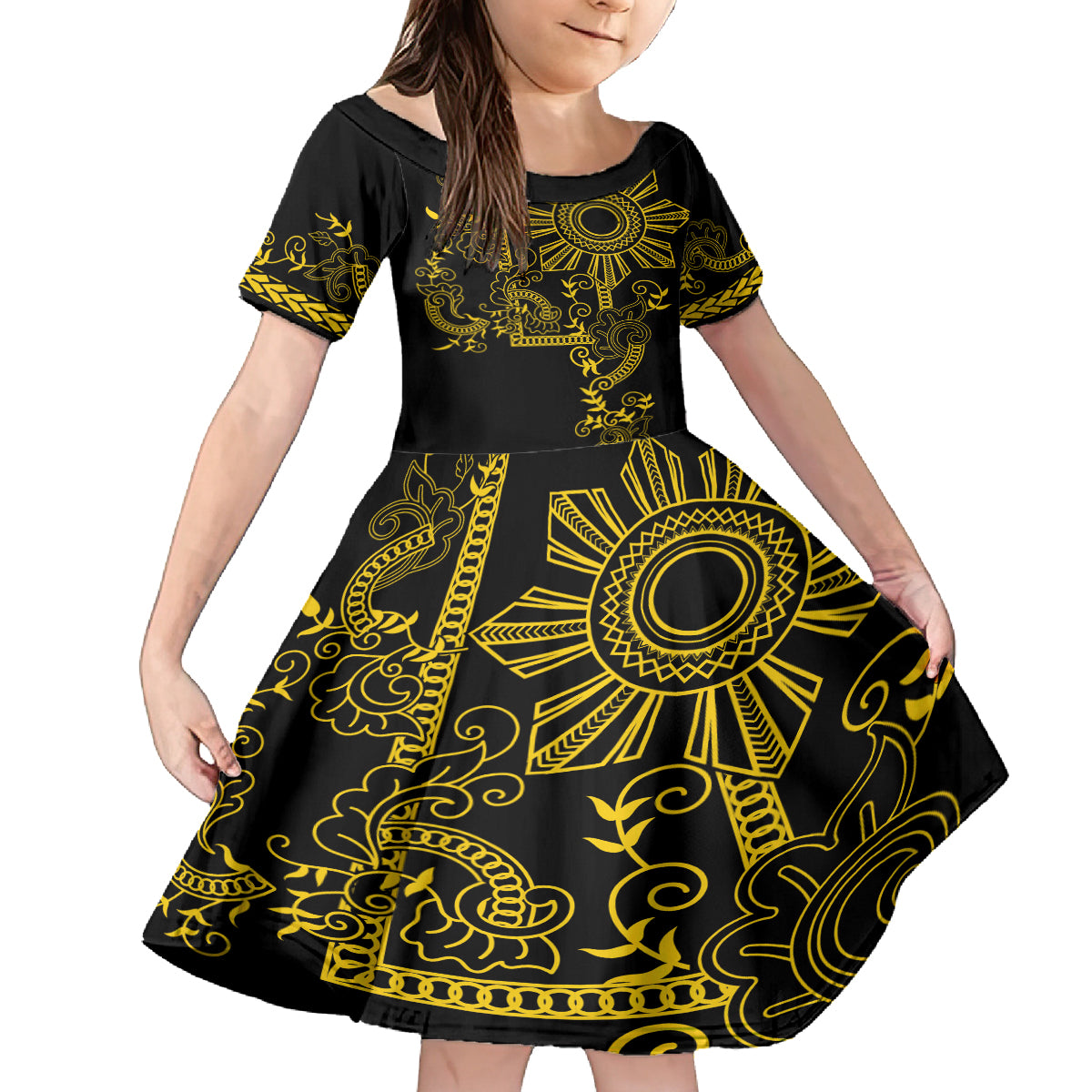 Filipino Sun Tribal Tattoo Kid Short Sleeve Dress Philippines Inspired Barong Simple Gold LT9 KID Gold - Polynesian Pride