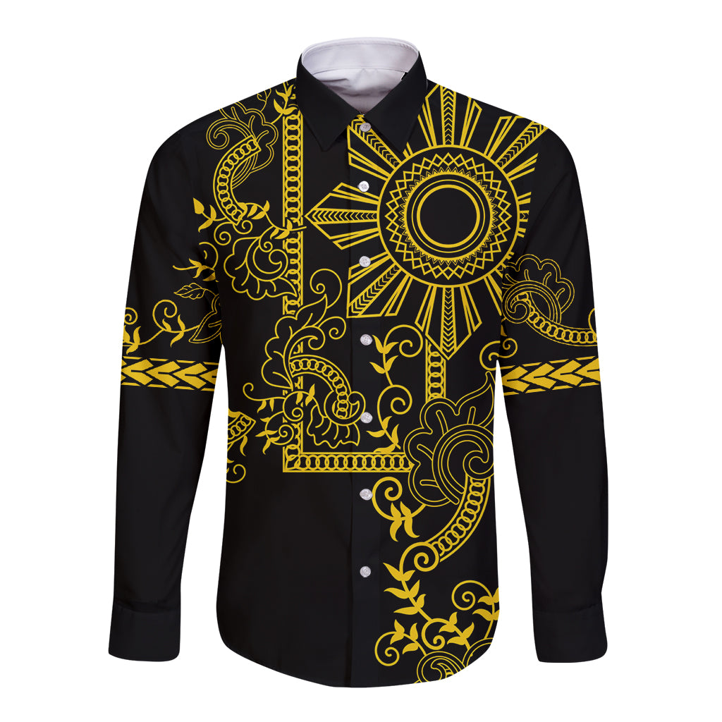 Filipino Sun Tribal Tattoo Long Sleeve Button Shirt Philippines Inspired Barong Simple Gold LT9 Unisex Gold - Polynesian Pride