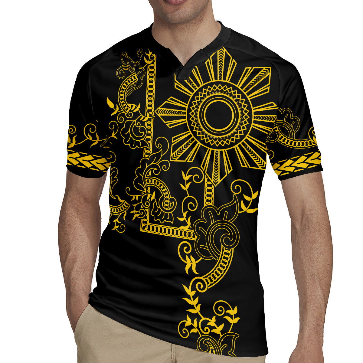 Filipino Sun Tribal Tattoo Rugby Jersey Philippines Inspired Barong Simple Gold LT9 - Polynesian Pride