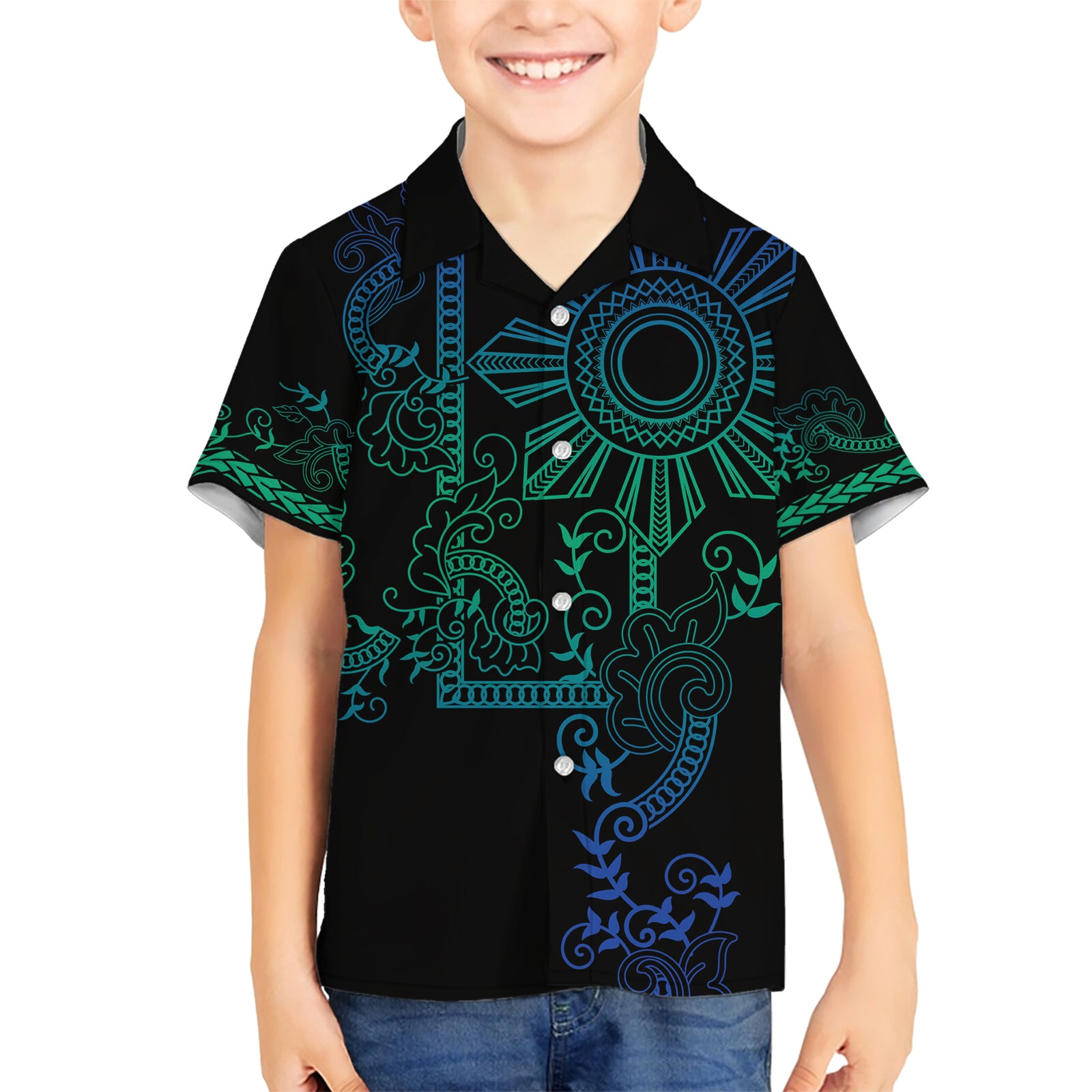 Filipino Sun Tribal Tattoo Kid Hawaiian Shirt Philippines Inspired Barong Blue Art LT9 Kid Blue - Polynesian Pride