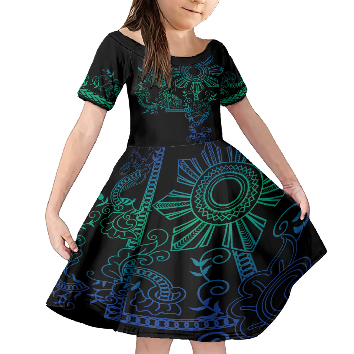 Filipino Sun Tribal Tattoo Kid Short Sleeve Dress Philippines Inspired Barong Blue Art LT9 KID Blue - Polynesian Pride
