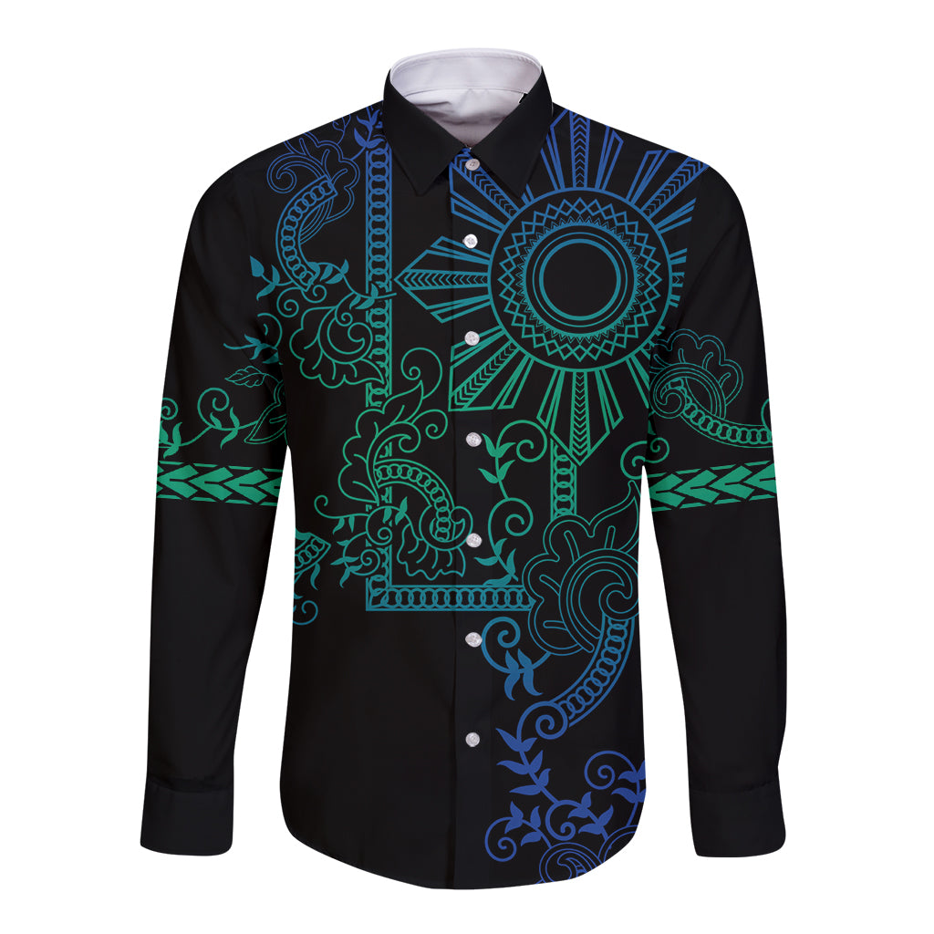 Filipino Sun Tribal Tattoo Long Sleeve Button Shirt Philippines Inspired Barong Blue Art LT9 Unisex Blue - Polynesian Pride