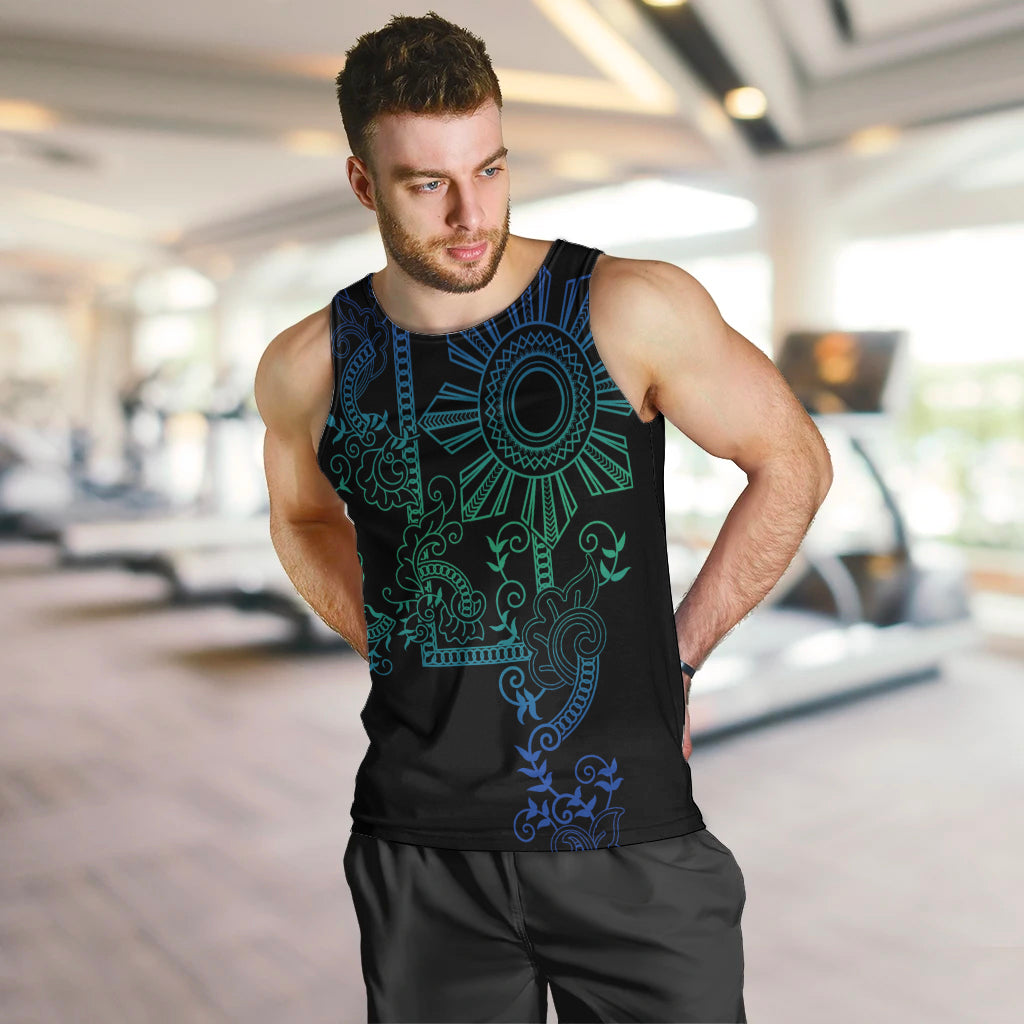 Filipino Sun Tribal Tattoo Men Tank Top Philippines Inspired Barong Blue Art LT9 Blue - Polynesian Pride