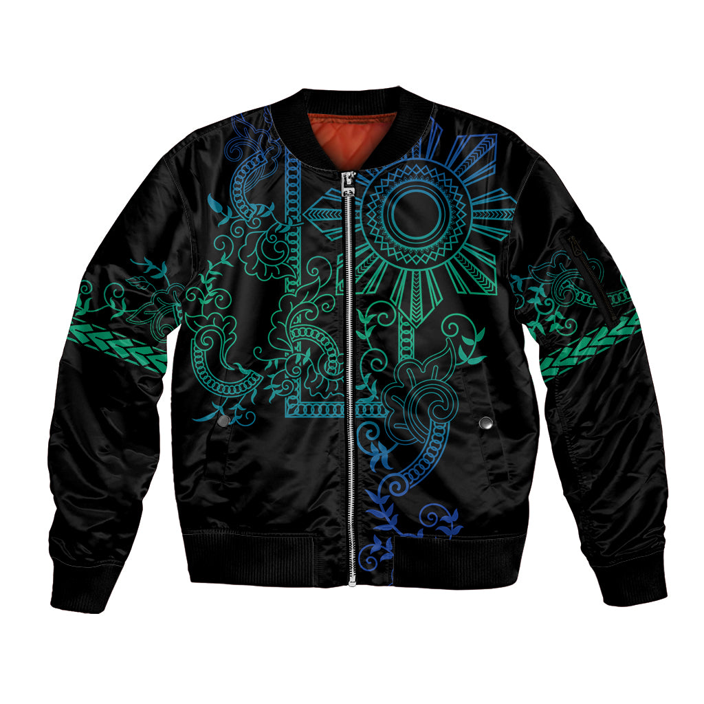 Filipino Sun Tribal Tattoo Sleeve Zip Bomber Jacket Philippines Inspired Barong Blue Art LT9 Unisex Blue - Polynesian Pride