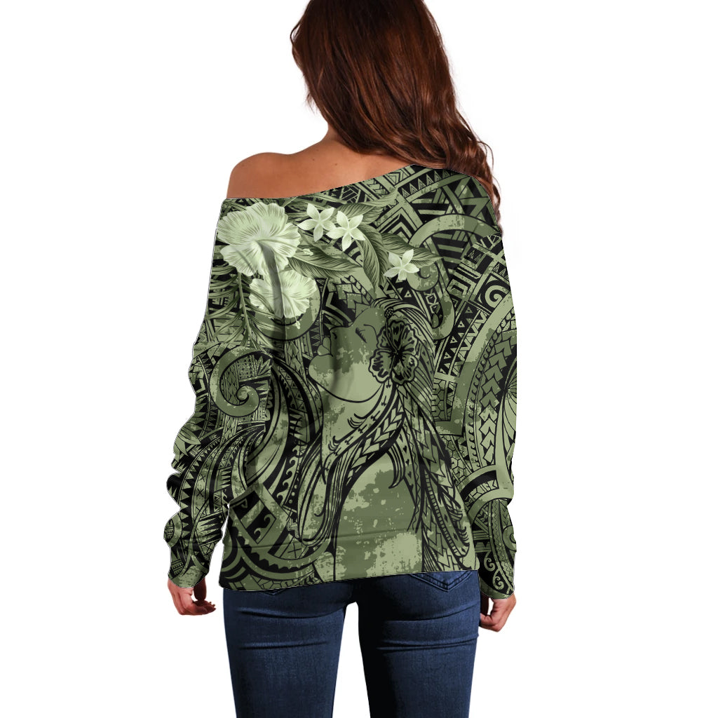 Pacific Beauty Girl Off Shoulder Sweater Green Polyneisan Tribal Vintage Motif LT9 - Polynesian Pride