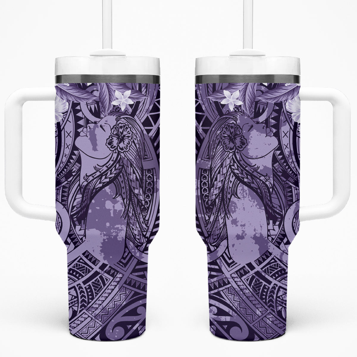 Pacific Beauty Girl Tumbler With Handle Violet Polyneisan Tribal Vintage Motif