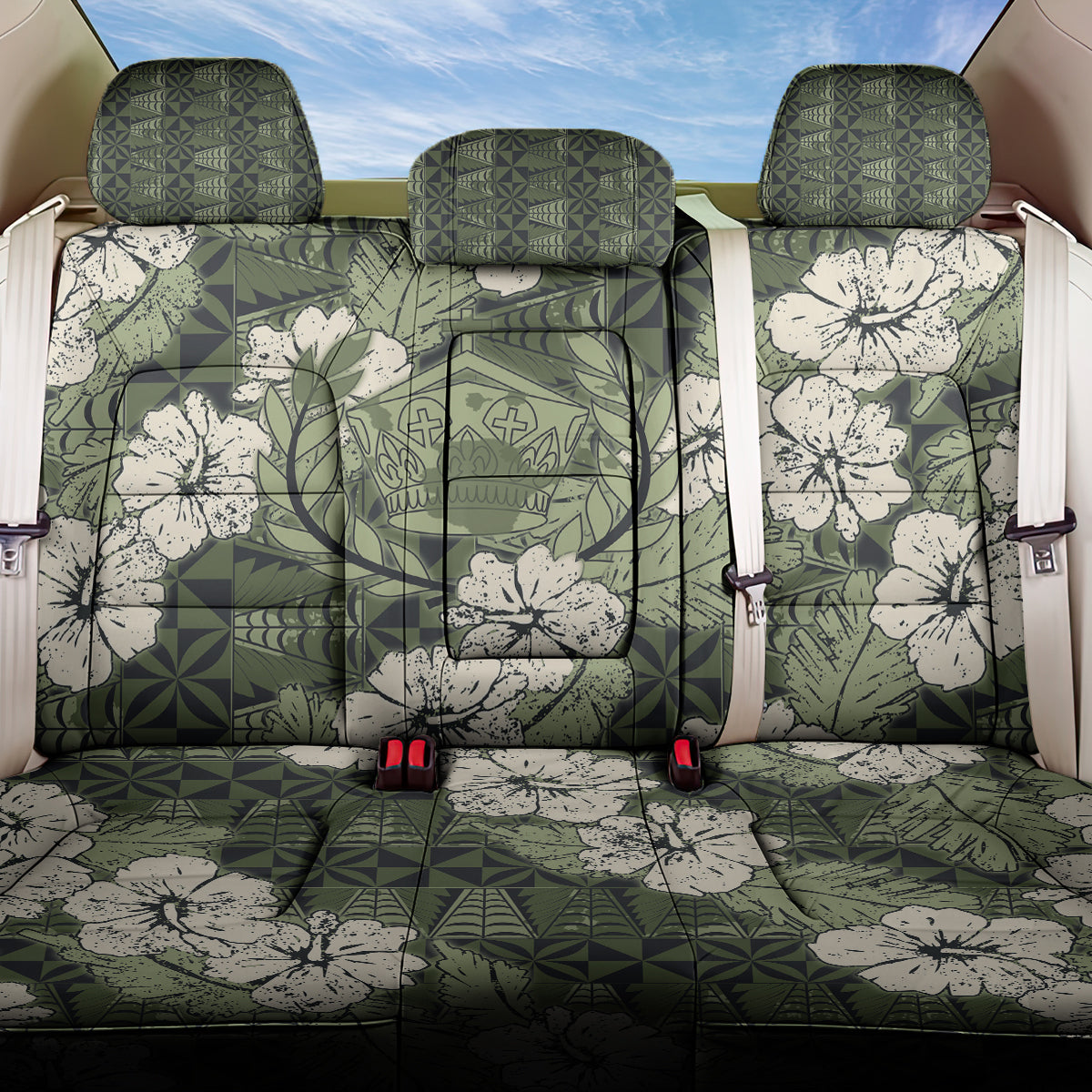 Tongan Kupesi Ngatu Hibiscus Vintage Motif Back Car Seat Cover LT9 One Size Green - Polynesian Pride