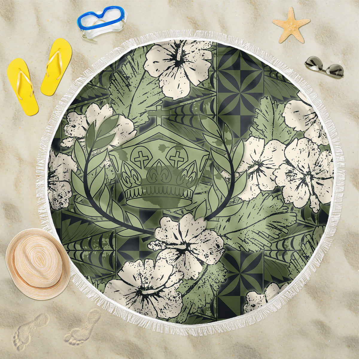 Tongan Kupesi Ngatu Hibiscus Vintage Motif Beach Blanket - LT9 One Size 150cm Green - Polynesian Pride