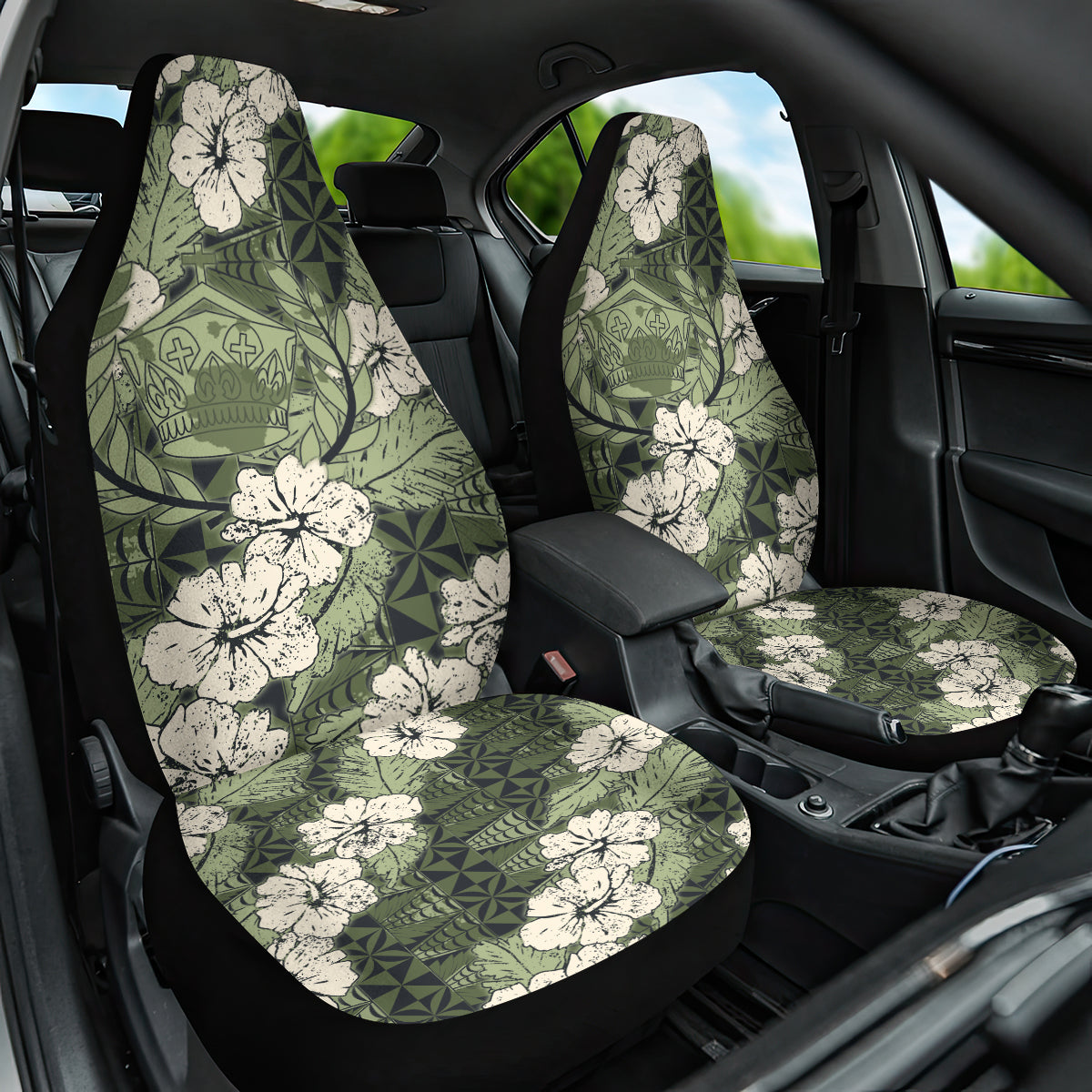 Tongan Kupesi Ngatu Hibiscus Vintage Motif Car Seat Cover LT9 One Size Green - Polynesian Pride