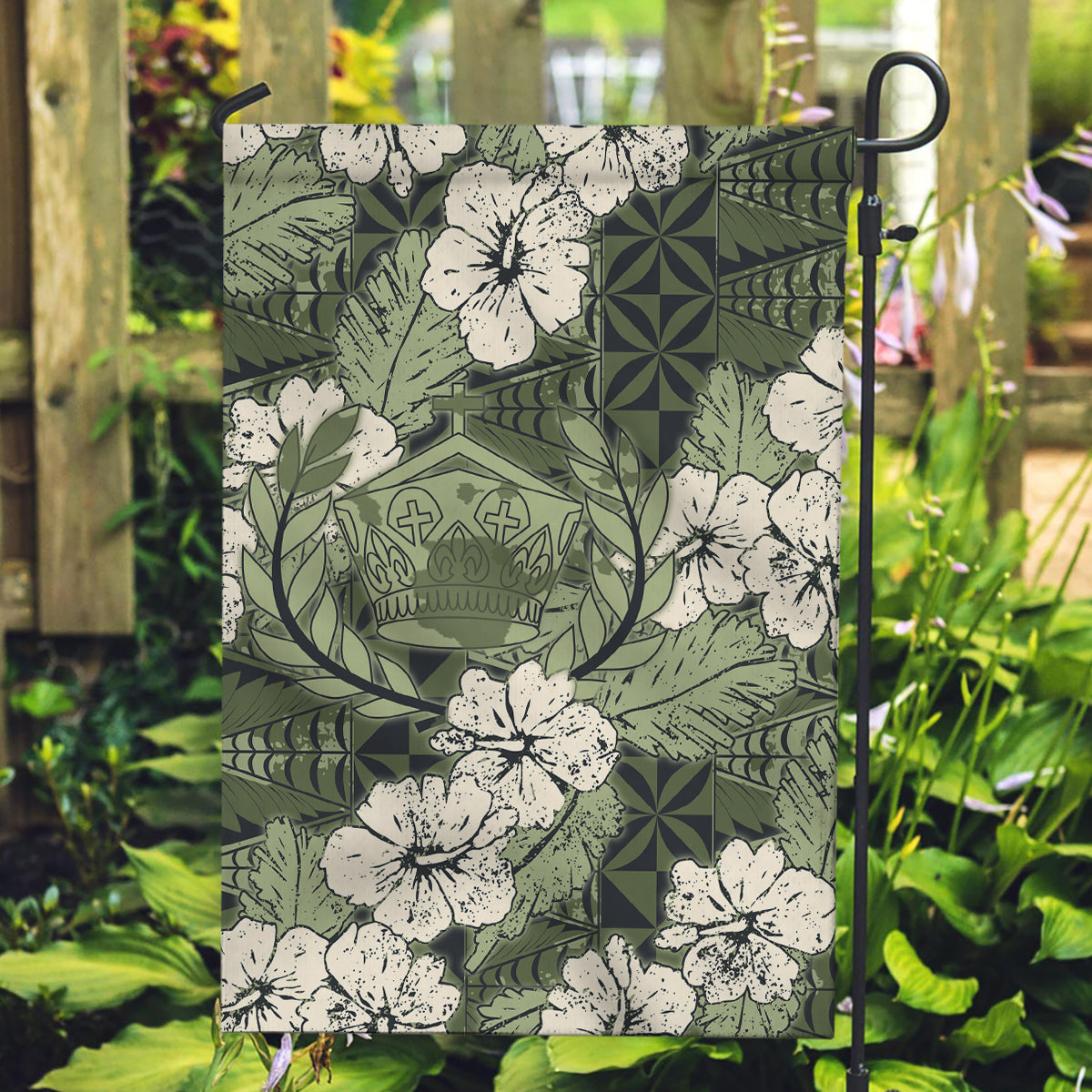 Tongan Kupesi Ngatu Hibiscus Vintage Motif Garden Flag LT9 Garden Flag Green - Polynesian Pride
