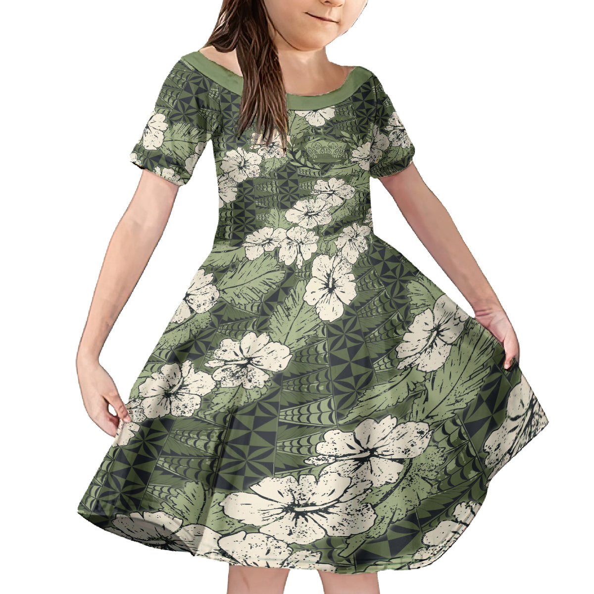 Tongan Kupesi Ngatu Hibiscus Vintage Motif Kid Short Sleeve Dress LT9 KID Green - Polynesian Pride