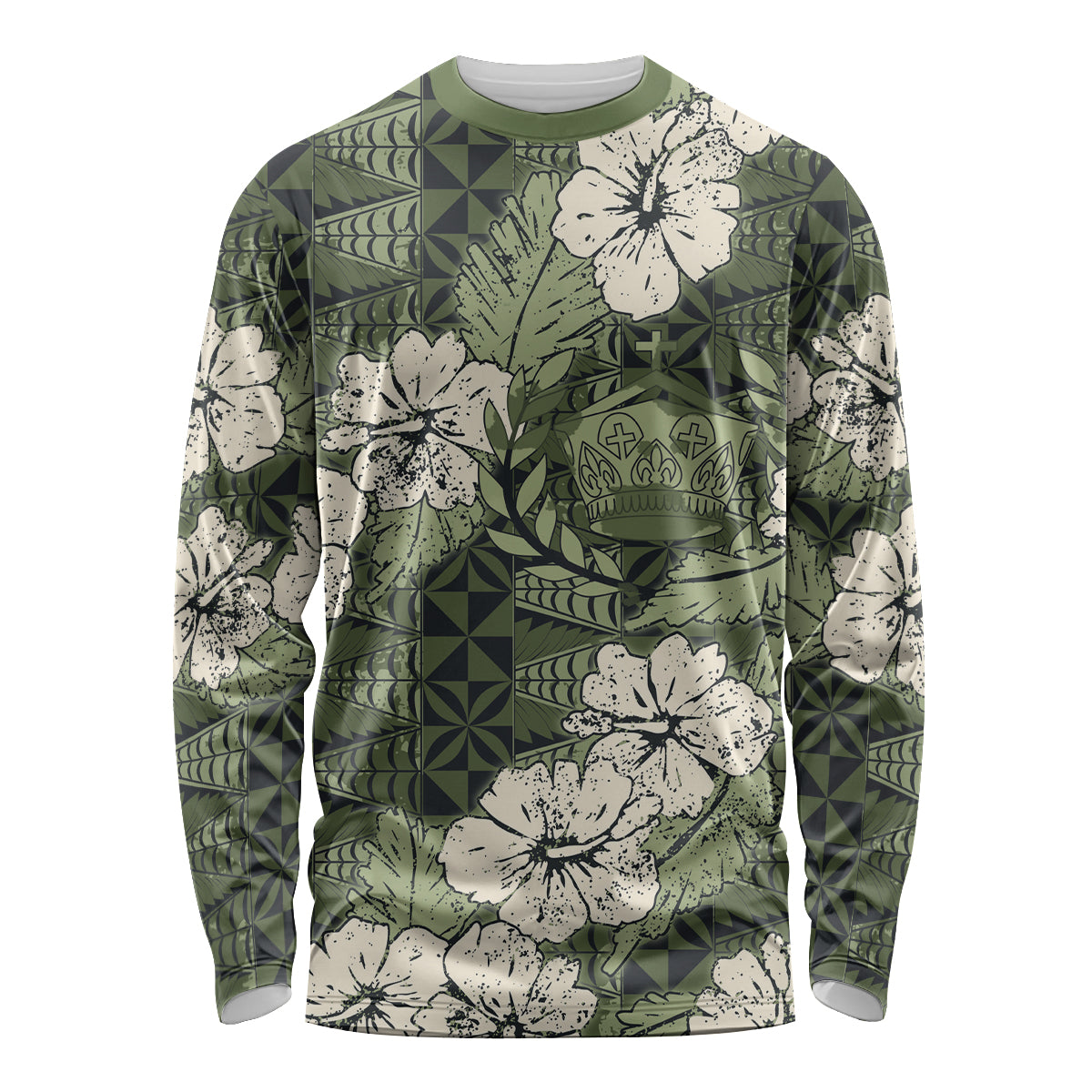 Tongan Kupesi Ngatu Hibiscus Vintage Motif Long Sleeve Shirt LT9 Unisex Green - Polynesian Pride