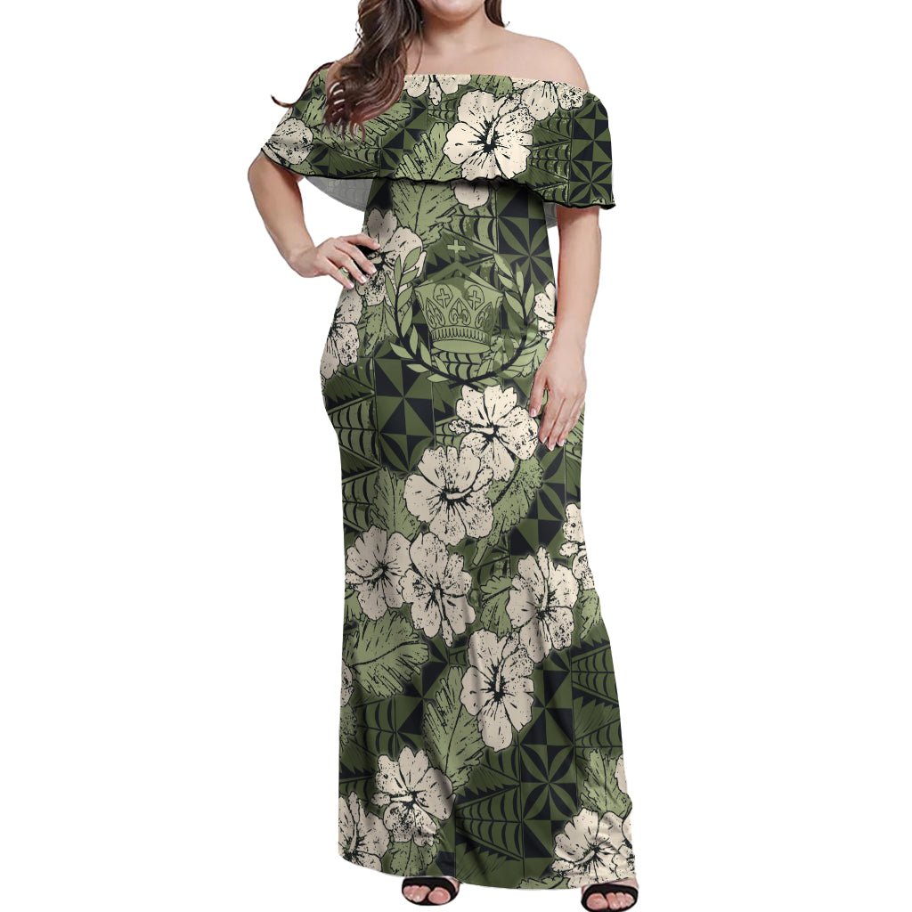 Tongan Kupesi Ngatu Hibiscus Vintage Motif Off Shoulder Maxi Dress LT9 Women Green - Polynesian Pride