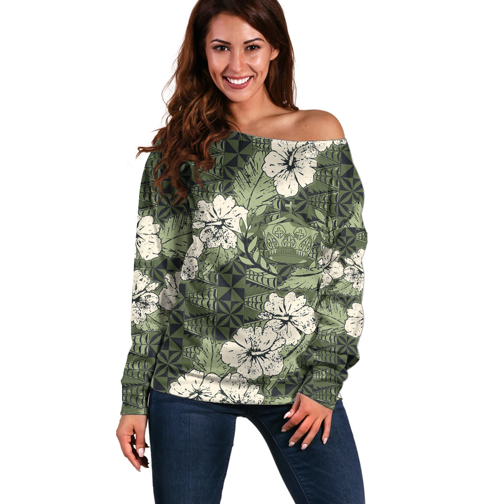 Tongan Kupesi Ngatu Hibiscus Vintage Motif Off Shoulder Sweater LT9 Women Green - Polynesian Pride