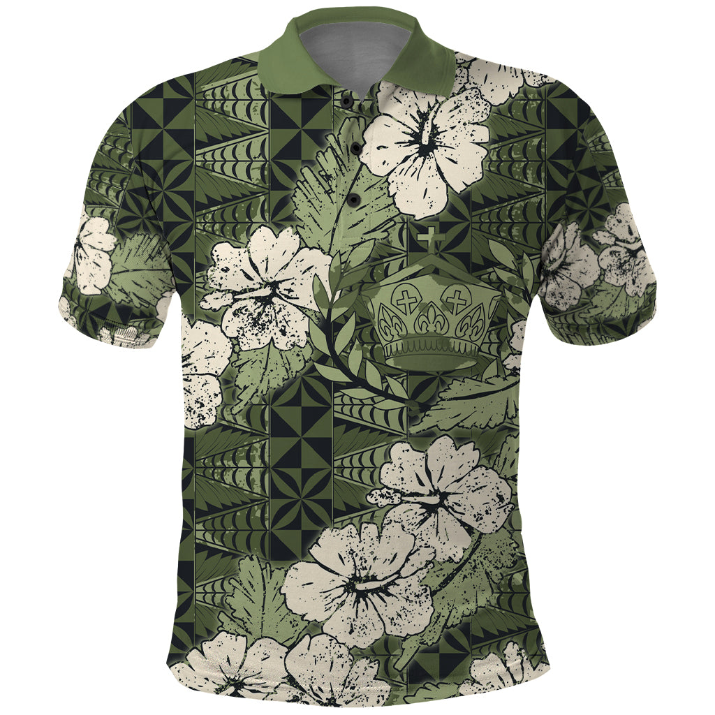 Tongan Kupesi Ngatu Hibiscus Vintage Motif Polo Shirt LT9 Green - Polynesian Pride