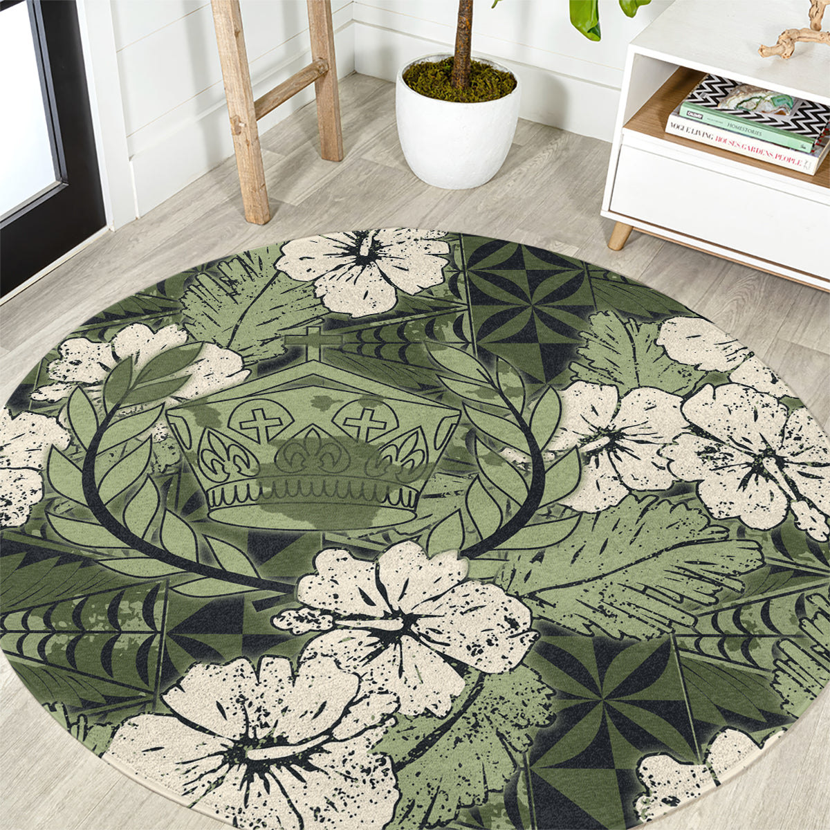 Tongan Kupesi Ngatu Hibiscus Vintage Motif Round Carpet LT9 Green - Polynesian Pride