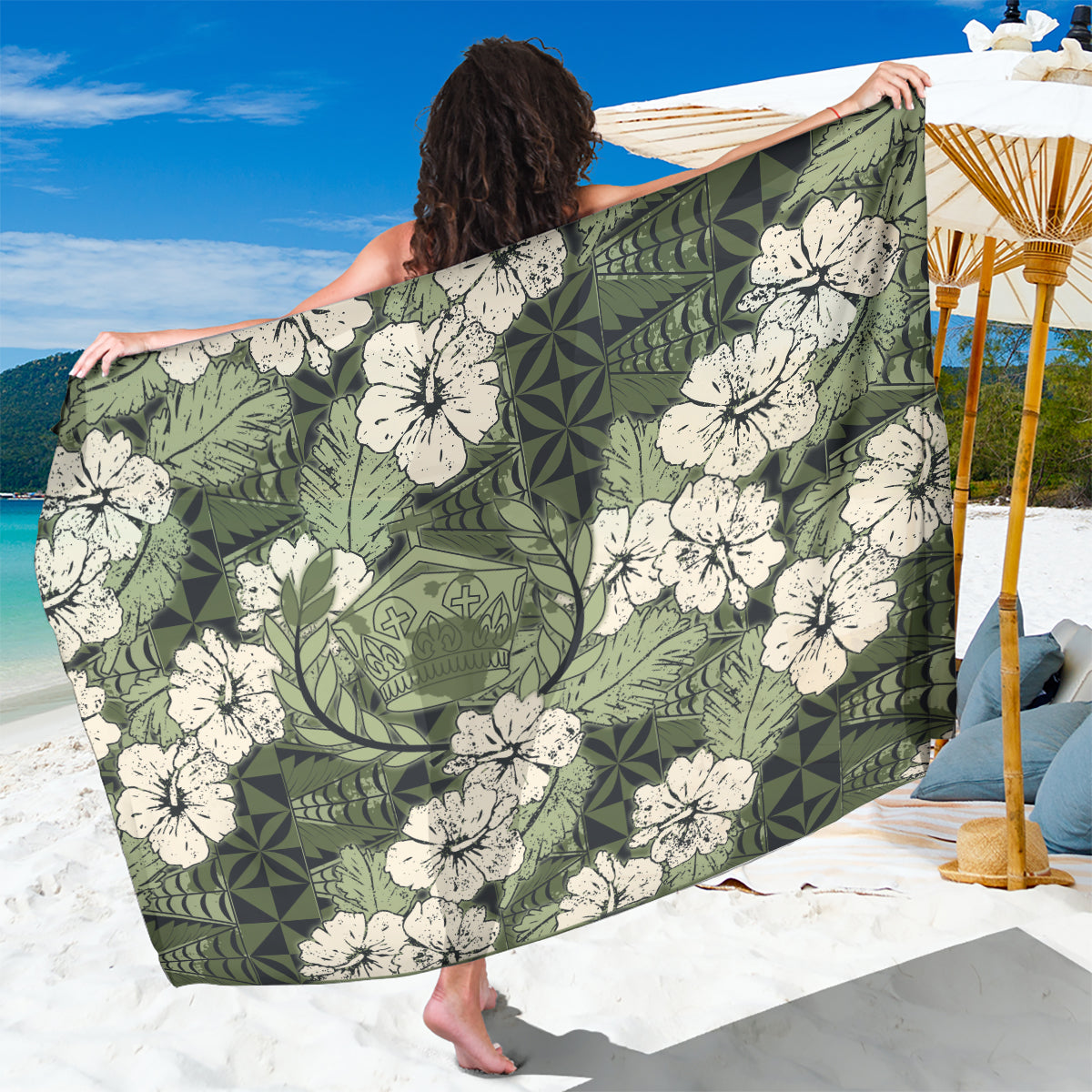 Tongan Kupesi Ngatu Hibiscus Vintage Motif Sarong LT9 One Size 44 x 66 inches Green - Polynesian Pride