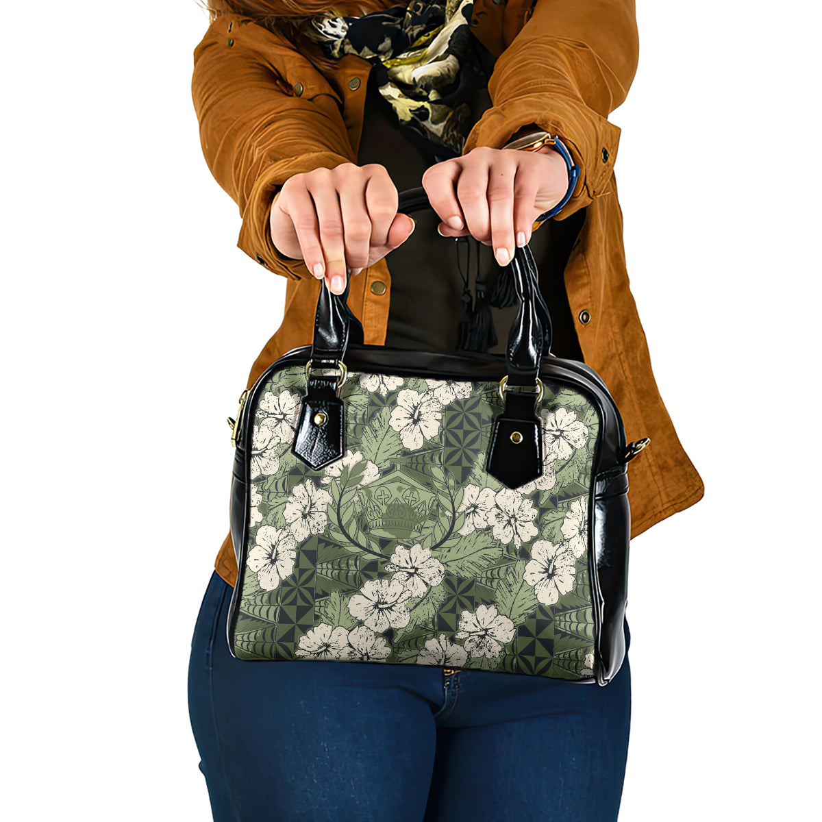 Tongan Kupesi Ngatu Hibiscus Vintage Motif Shoulder Handbag LT9 One Size Green - Polynesian Pride
