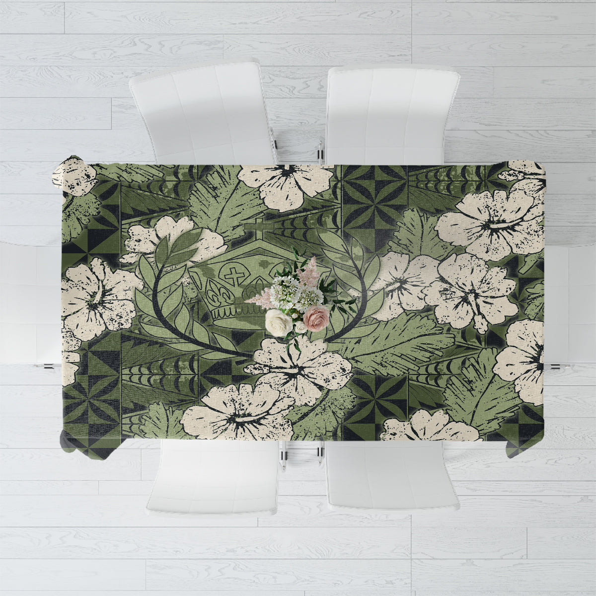 Tongan Kupesi Ngatu Hibiscus Vintage Motif Tablecloth LT9 Green - Polynesian Pride