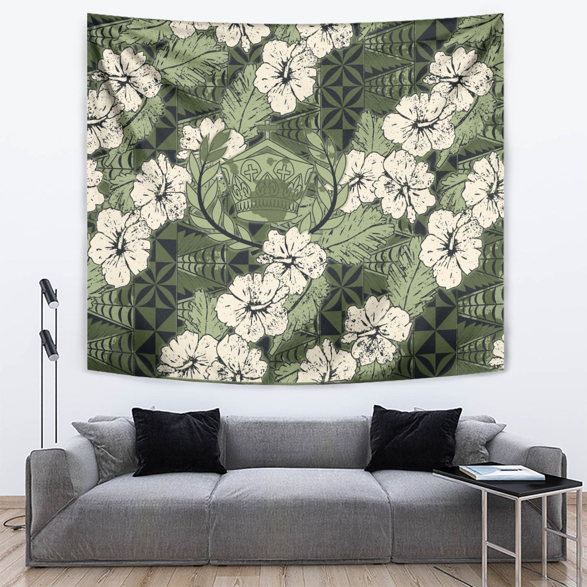 Tongan Kupesi Ngatu Hibiscus Vintage Motif Tapestry LT9 Green - Polynesian Pride