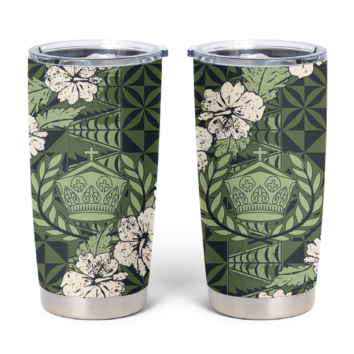 Tongan Kupesi Ngatu Hibiscus Vintage Motif Tumbler Cup LT9 Green - Polynesian Pride