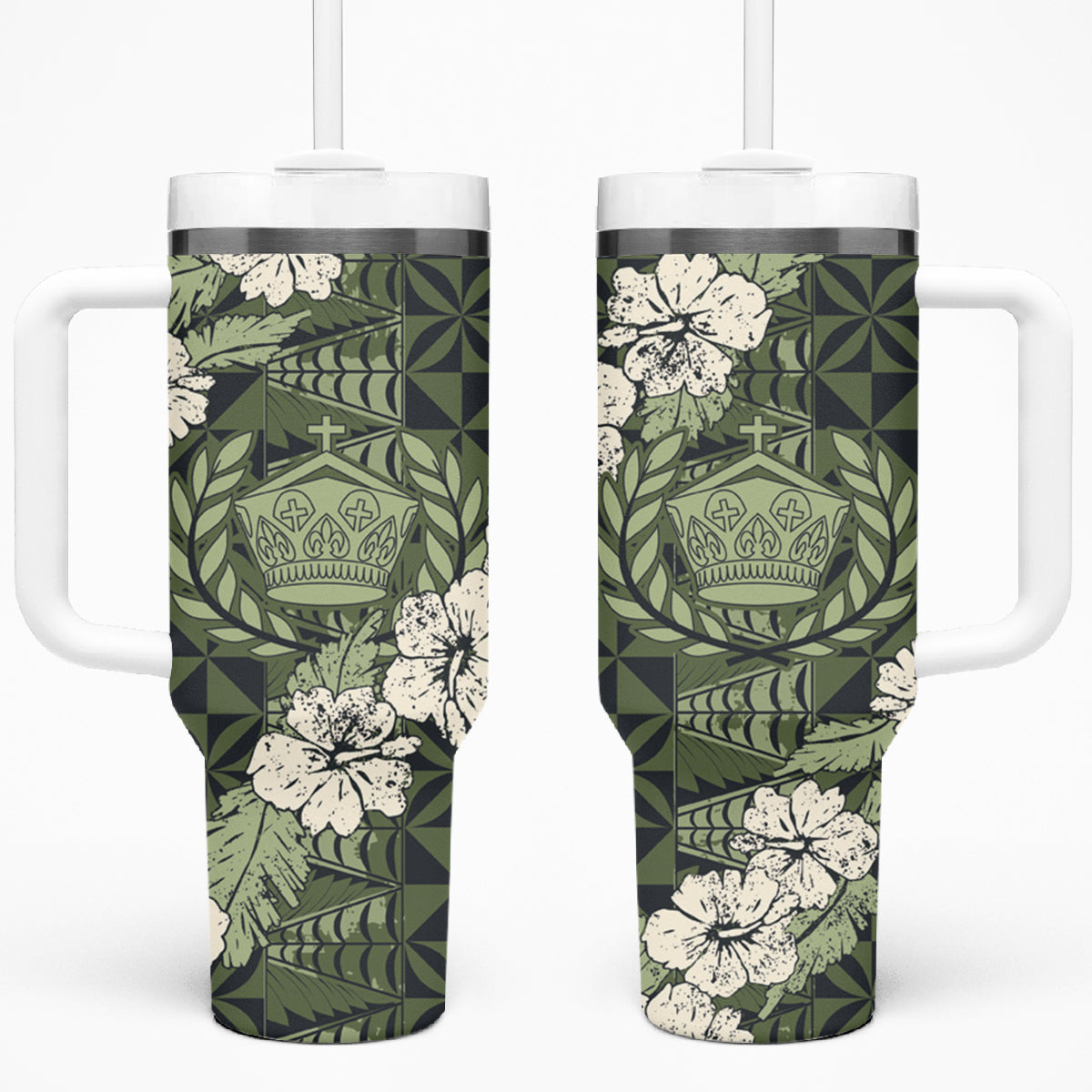 Tongan Kupesi Ngatu Hibiscus Vintage Motif Tumbler With Handle LT9 One Size: 40 oz Green - Polynesian Pride