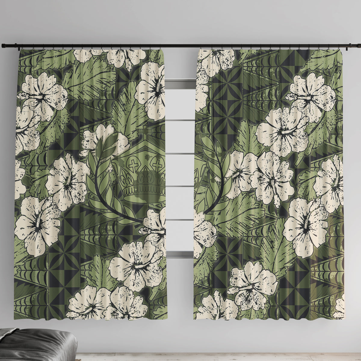 Tongan Kupesi Ngatu Hibiscus Vintage Motif Window Curtain LT9 With Hooks Green - Polynesian Pride
