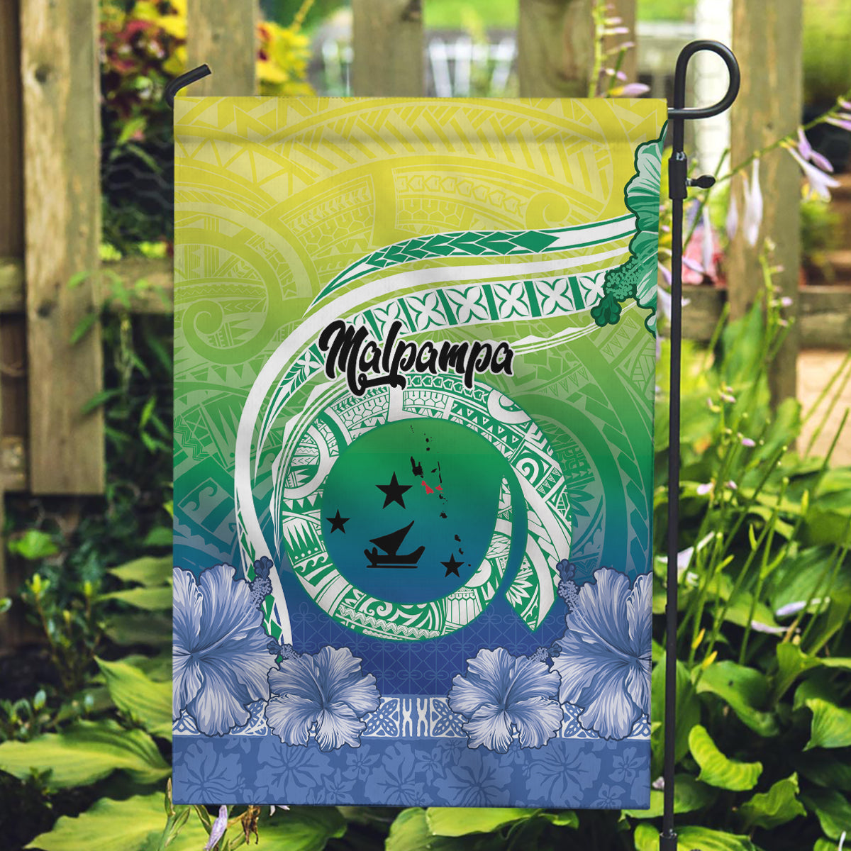 Malpampa Vanuatu Garden Flag Hibiscus Sand Drawing with Pacific Pattern LT9 Garden Flag Green Art - Polynesian Pride