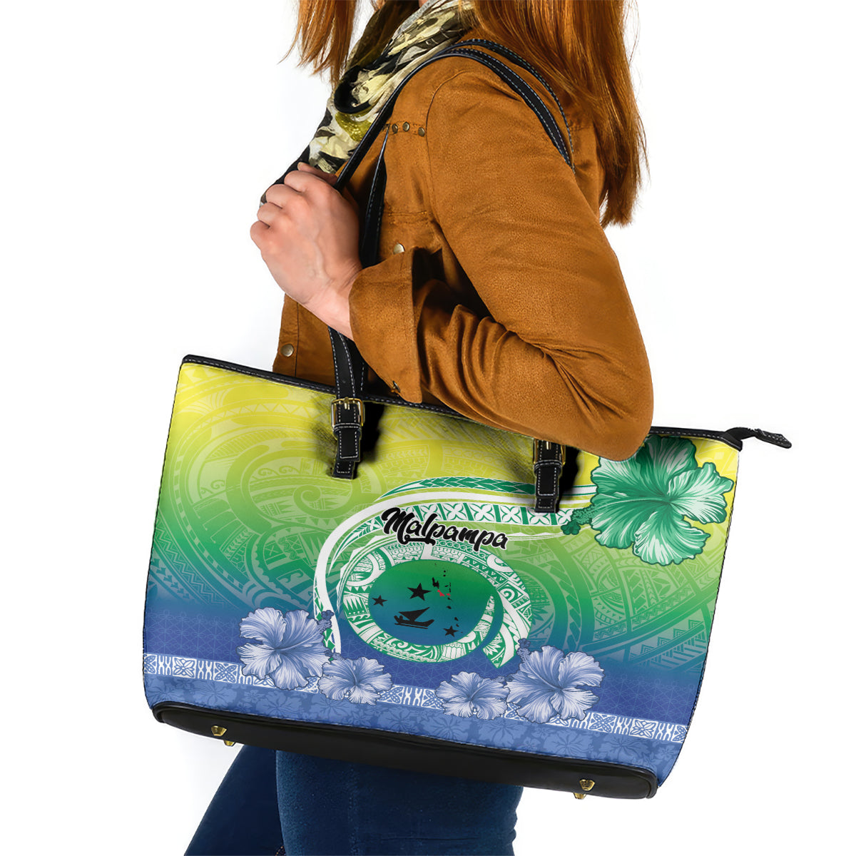 Malpampa Vanuatu Leather Tote Bag Hibiscus Sand Drawing with Pacific Pattern LT9 Green Art - Polynesian Pride