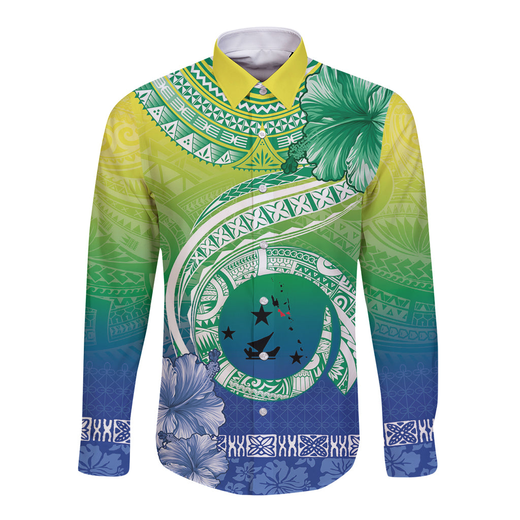 Malpampa Vanuatu Long Sleeve Button Shirt Hibiscus Sand Drawing with Pacific Pattern LT9 Unisex Green Art - Polynesian Pride