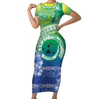 Malpampa Vanuatu Short Sleeve Bodycon Dress Hibiscus Sand Drawing with Pacific Pattern LT9 Long Dress Green Art - Polynesian Pride